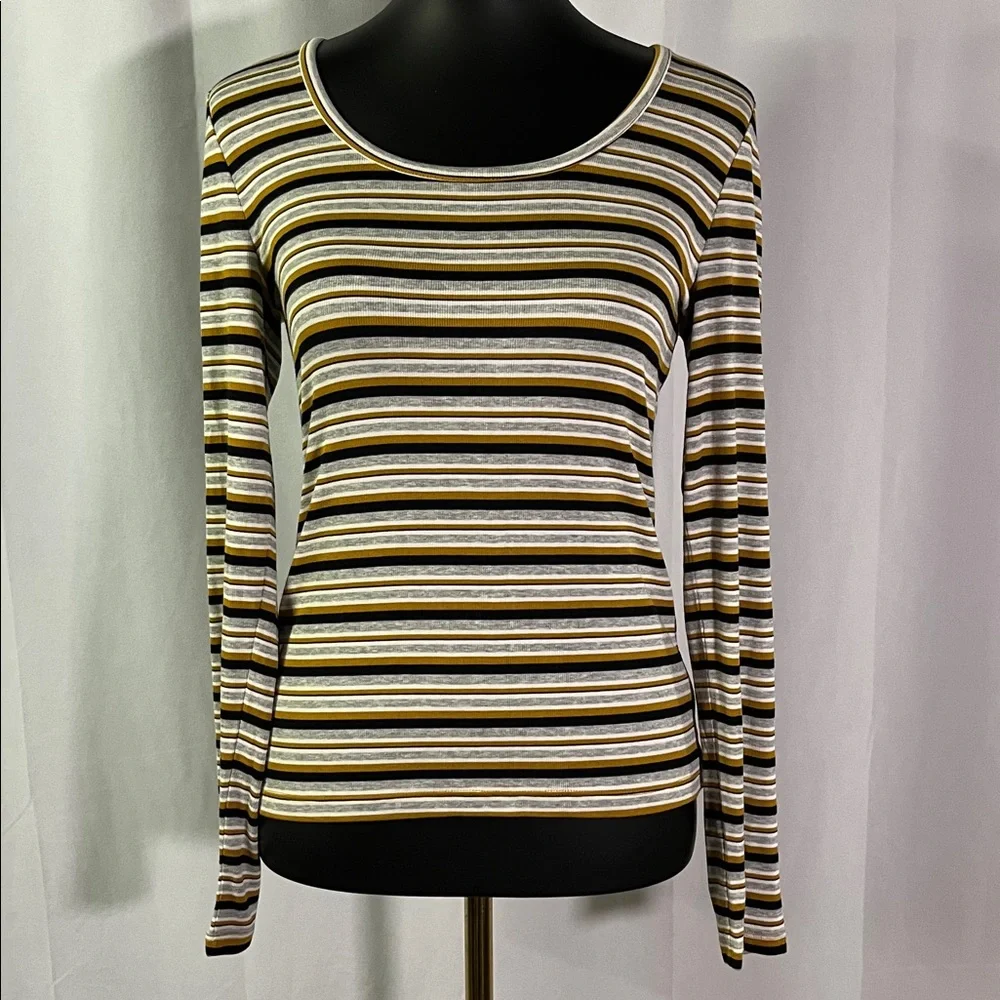 NWT LOFT Mustard Yellow Black & Gray Striped Long Sleeve Round Neck Top